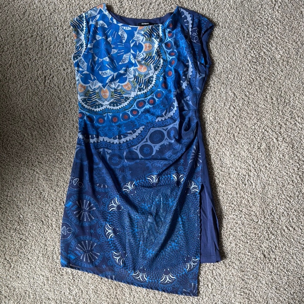Desigual Blue and White Asymmetrical Ruched Sheath Dress